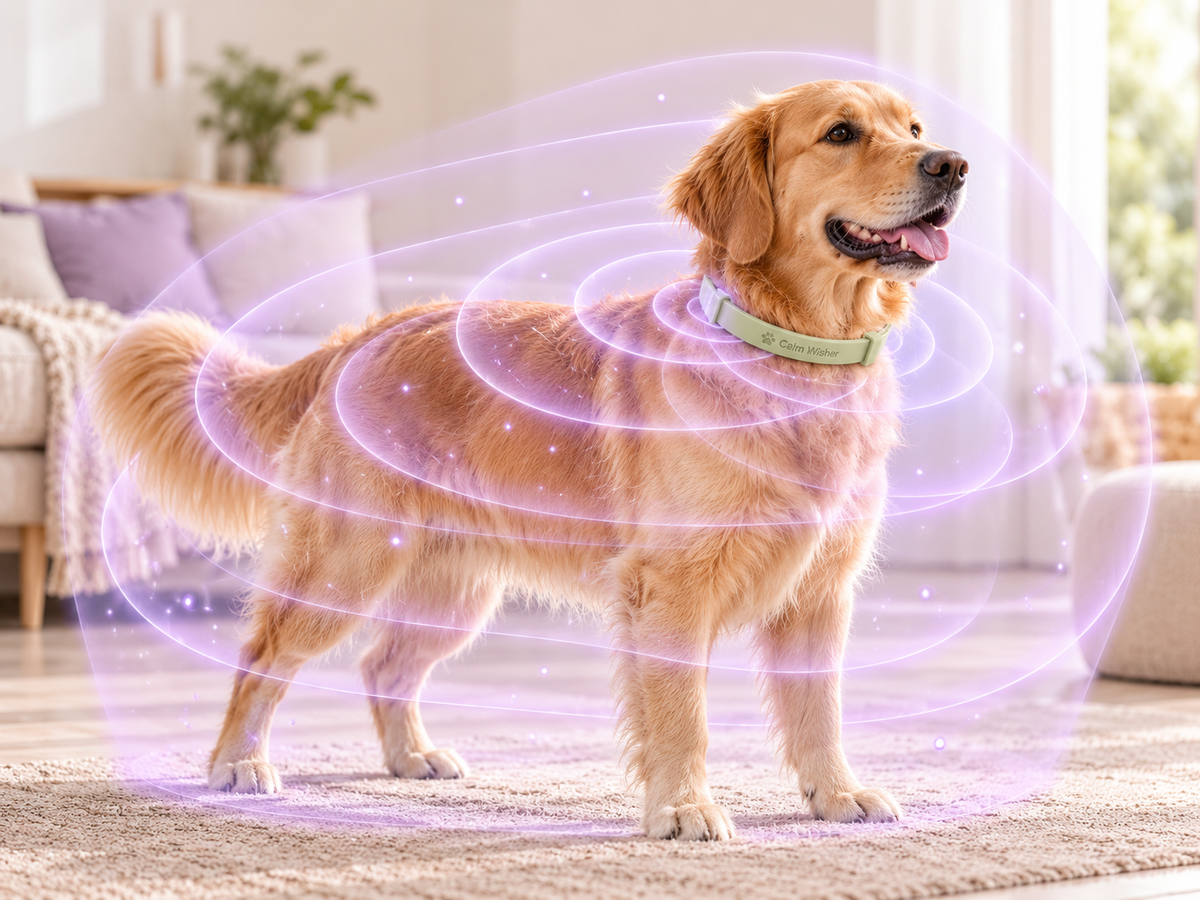 Perro usando Collar Calm Wisher con ondas que parten del collar