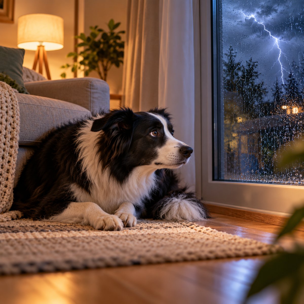 Perro atento a una tormenta por la ventana