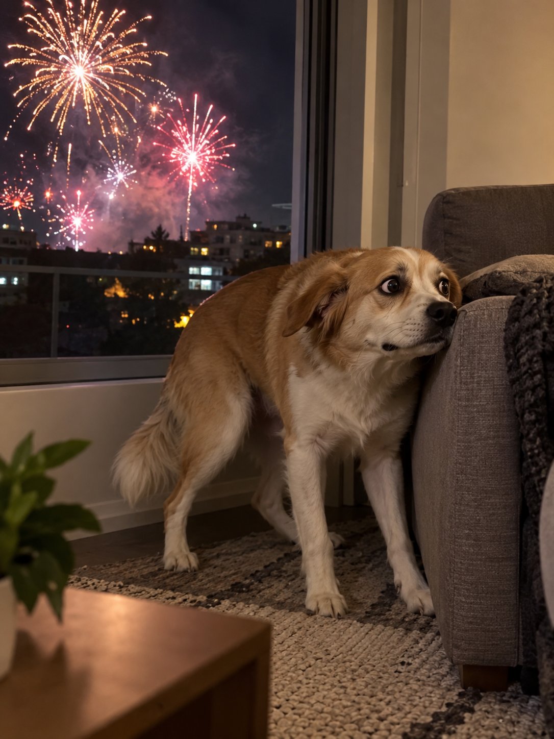 Antes: perro asustado con la pirotecnia