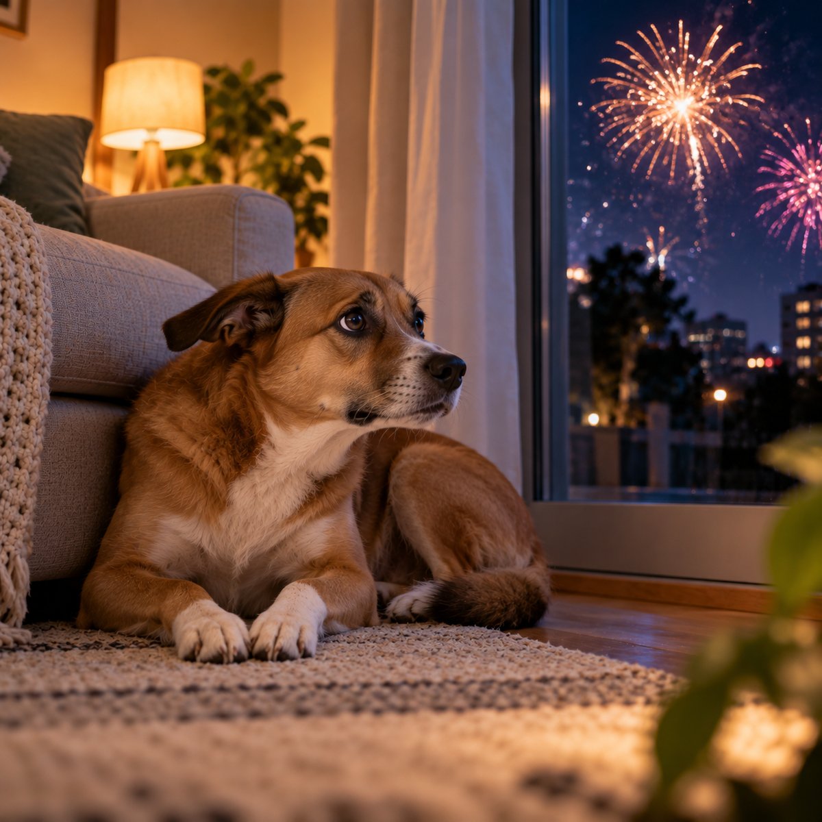 Perro asustado con fuegos artificiales afuera